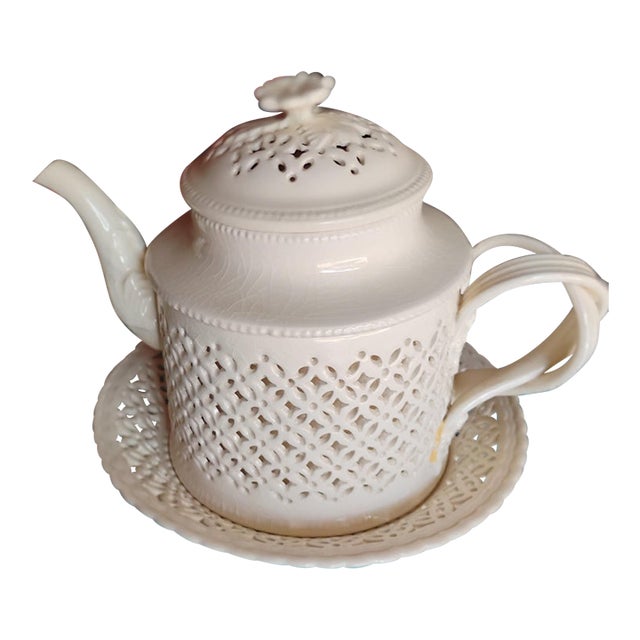 Antique Leed's Cream Ware Reticulated Tea Set For Sale