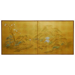Japanese Two-Sided Folding Byobu Silk Screen For Sale