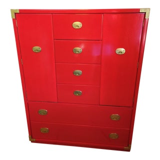 Thomasville Campaign Style Red Lacquered Armoire For Sale
