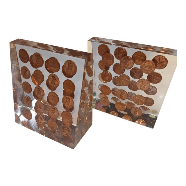 Pop Art Acrylic Bookends Embedded With 1972 Pennies - A Pair For Sale