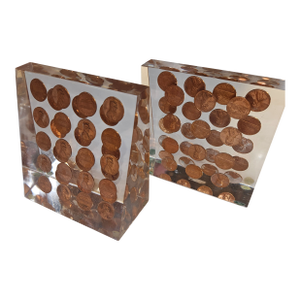 Pop Art Acrylic Bookends Embedded With 1972 Pennies - A Pair
