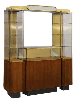 1930s Streamline Art Deco Brass & Oak Double Tower Display Case by Parker Pens