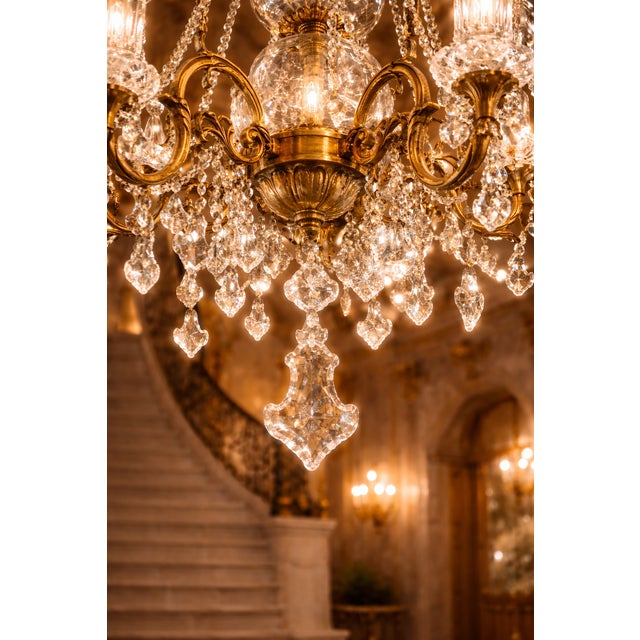 Mid 20th French Louis XVI Gold Bronze Crystal XL Chandelier For Sale - Image 10 of 16