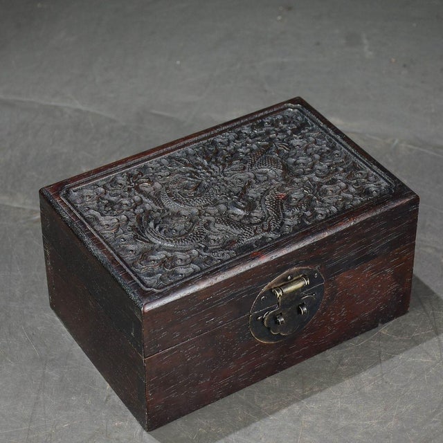 Asian Vintage Carved Wood Jewelry Box With Dragon Motif & Brass Hardware For Sale - Image 3 of 6