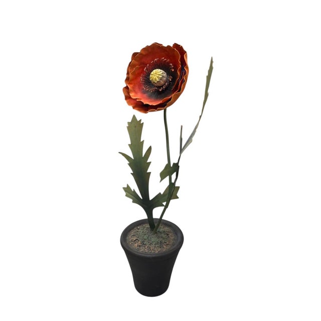 Vintage Hand-Painted Metal Poppy in Terracotta-Style Pot For Sale - Image 4 of 12