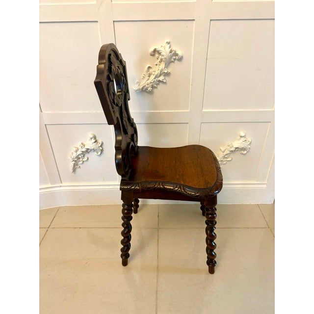 Wood Set of Antique Victorian Carved Oak Hall Chairs, 1880 For Sale - Image 7 of 17