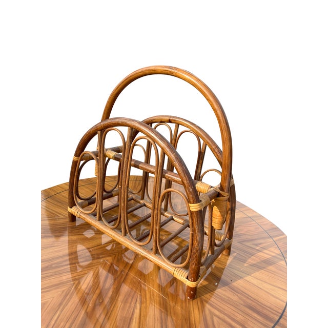 Boho Chic Vintage Natural Bamboo Wicker Magazine Rack in Coastal Boho Chic Style For Sale - Image 3 of 7