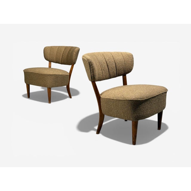 Lisa Johansson-Pape, Finnish Mid-Century Modern, Slipper Chairs, Brown Boucle, Wood, Finland, 1940s Pair of rare slipper...