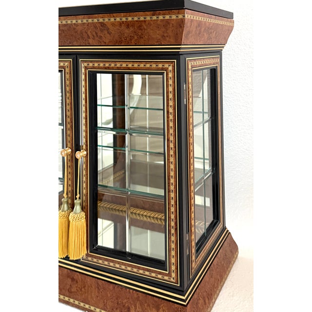 A Vintage Style Double Glass Mirrored Burl Curio Inlaid Marquetry Made in Italy For Sale In Los Angeles - Image 6 of 11