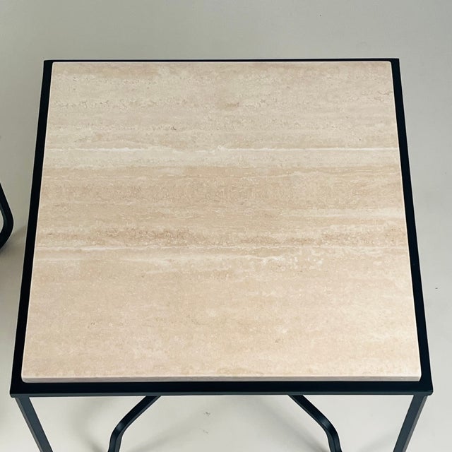 Modern Pair of Tall Iron and Travertine 'Entretoise' Side Tables by Design Frères For Sale - Image 3 of 7