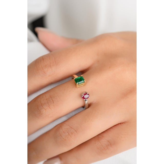 Art Deco 18k Open Two Tone Emerald & Ruby Toi Et Moi Ring Size 5 For Sale - Image 3 of 12