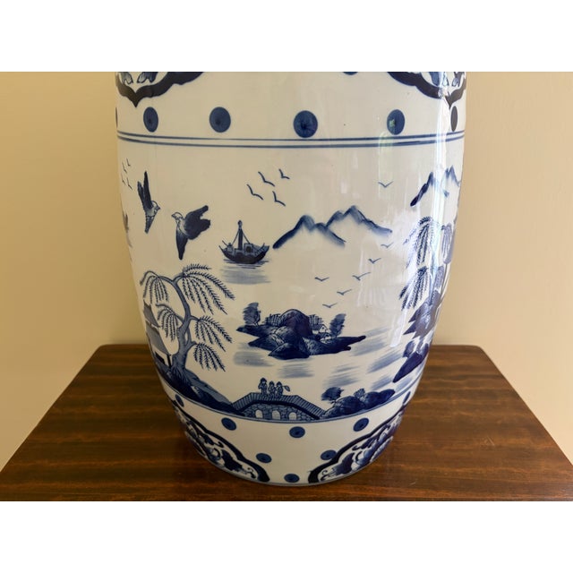 Late 20th Century Blue and White Porcelain Chinoiserie Chinese Garden Stool or Side Table For Sale - Image 9 of 12