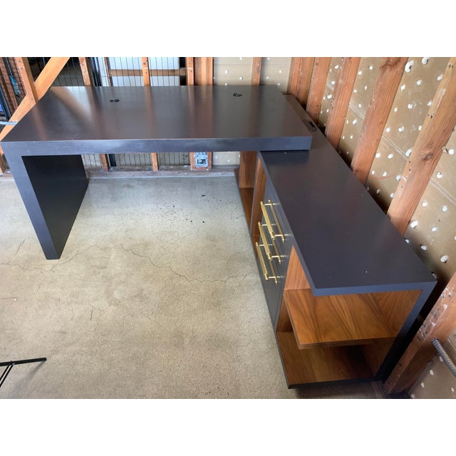 Modern L Shaped Painted wood Desk. Unmarked. Credenza is 72"W x 16"D x 27.5H" Credenza sticks out 37 inches after desk.