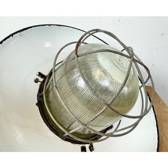 Industrial Grey Enamel Factory Cage Pendant Lamp in Cast Iron from Zaos, 1960s For Sale - Image 16 of 18