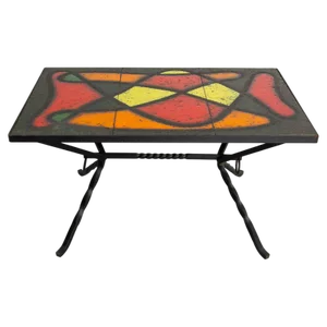 French Coffee Table in Wrought Iron & Glazed Ceramics, 1960s