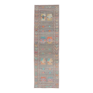 Modern Runner With Tribal Motifs in Warm Gray Background and Vivid Multi Colors For Sale