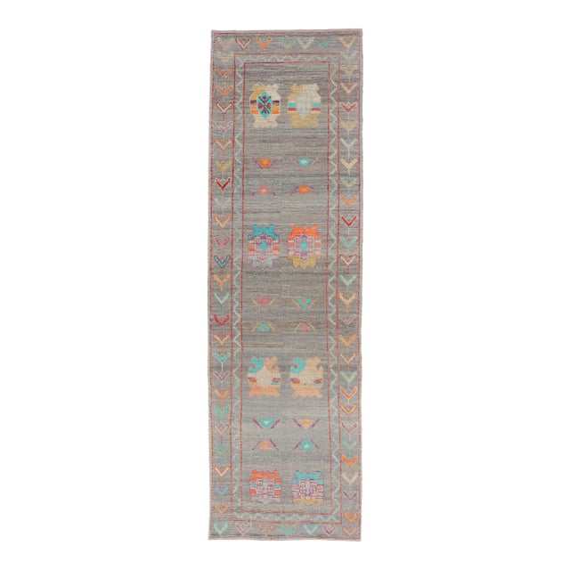 Modern Runner With Tribal Motifs in Warm Gray Background and Vivid Multi Colors For Sale