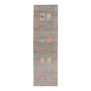 Modern Runner With Tribal Motifs in Warm Gray Background and Vivid Multi Colors