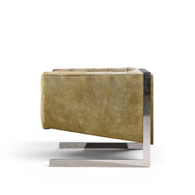 Metal Milo Baughman for Thayer Coggin Mid Century Cantilever Steel Tufted Lounge Chairs - Pair For Sale - Image 7 of 12