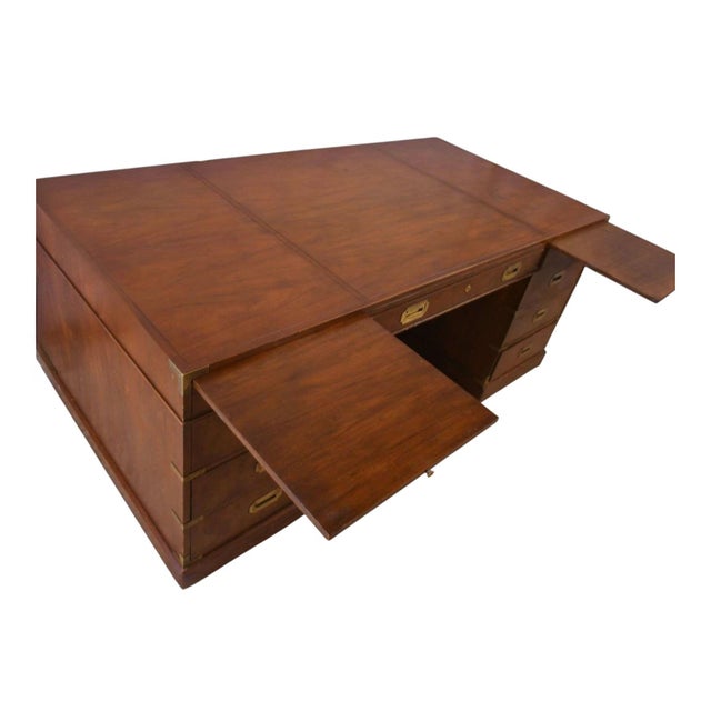 Campaign 1970s Baker Furniture Co. Campaign Style Burl Walnut Executive Desk For Sale - Image 3 of 6