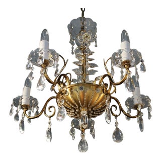 C1920 French Art Deco 8 Light Maison Bagues Brass/Bronze/ Cut Crystal Petal & Flower Chandelier For Sale