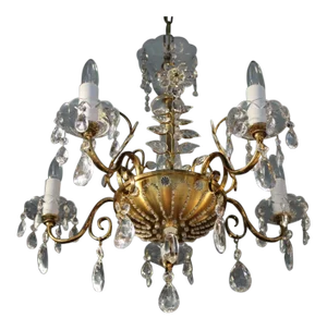 C1920 French Art Deco 8 Light Maison Bagues Brass/Bronze/ Cut Crystal Petal & Flower Chandelier