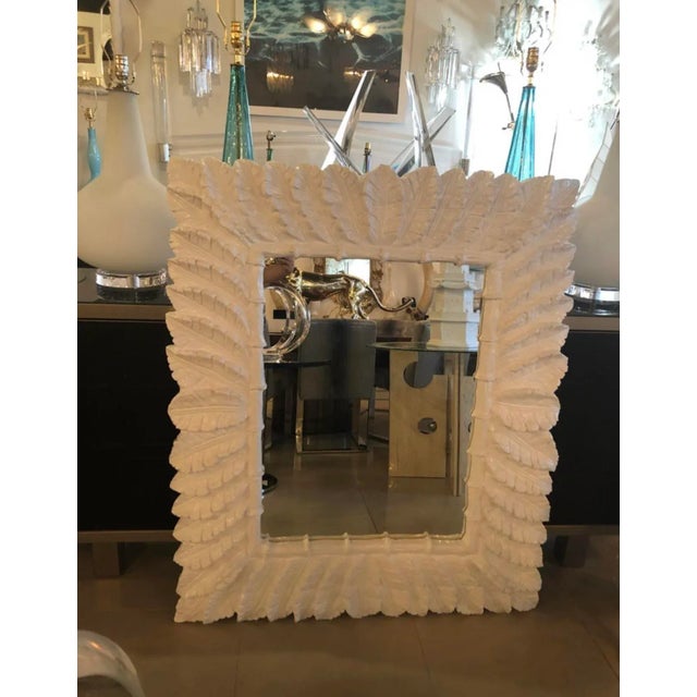 1970s White Lacquered Tropical Palm Tree Leaf Wall Mirror Faux Bamboo Pair Available For Sale - Image 5 of 11