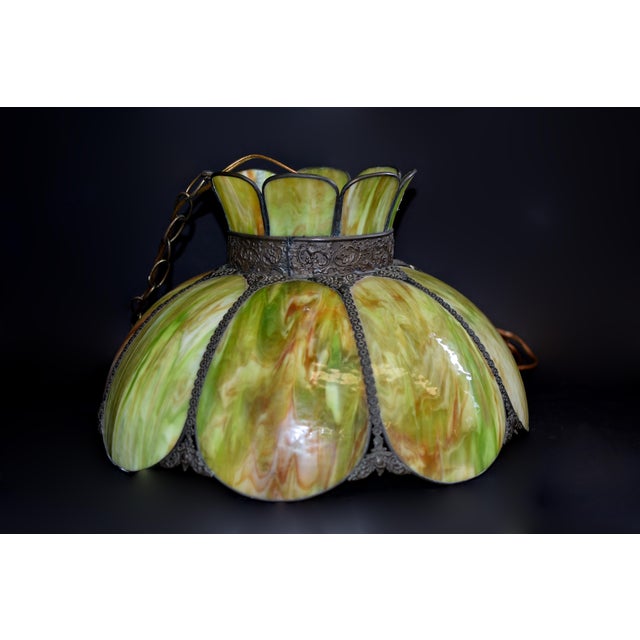 Antique Avocado Ceiling Light Shade With Slag Glass and Bronze Bands For Sale - Image 10 of 18