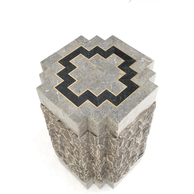 Mid-Century Modern Tessellated Stone Brass Inlay Square Pedestal Stand End Table Black & Grey For Sale - Image 3 of 13