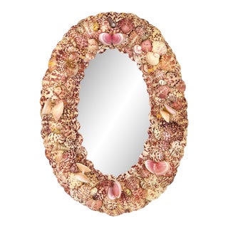 Vintage Petite Oval Seashell Shell Encrusted Mirror For Sale