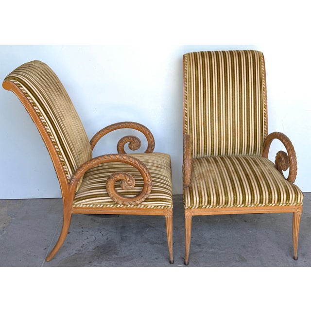 Pair French Modern Carved Feather Scroll Arm Lounge Chairs, Style Maison Jansen For Sale - Image 11 of 18