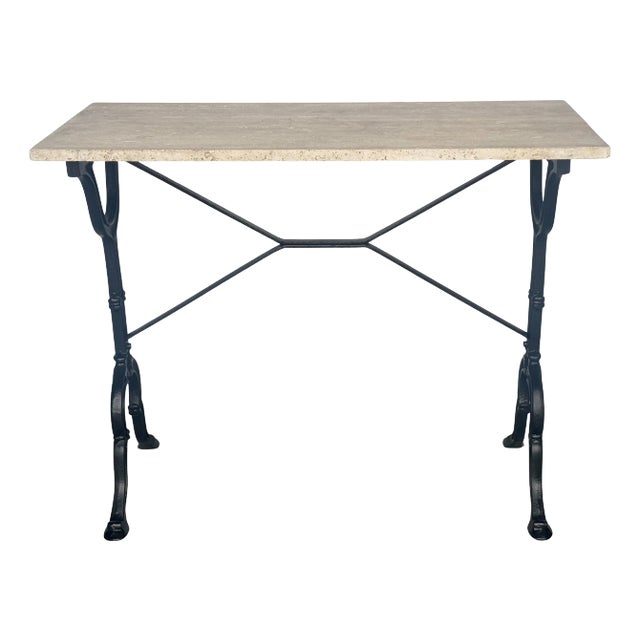 French Modern Wrought Iron & Travertine Rectangular Bistro/Garden Table For Sale