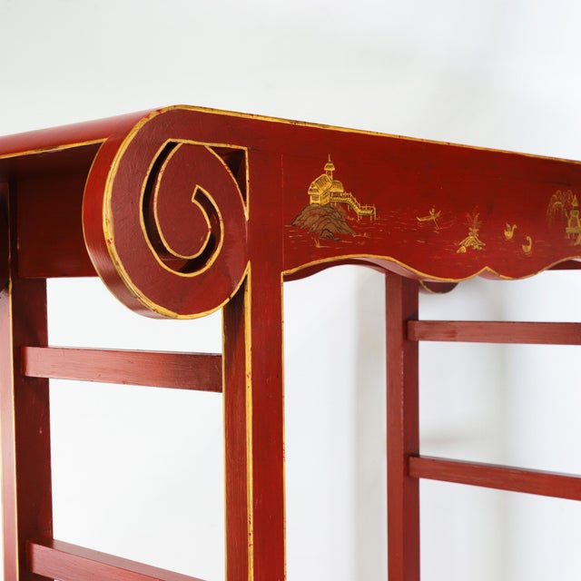 Vintage Chinese Red Lacquer Console Table With Gilt Landscape Scenery and Scroll Ends For Sale - Image 17 of 18