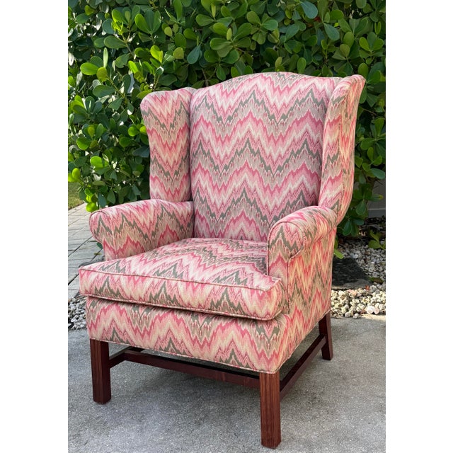 Vintage American Flamestitch Wingback Chair + Ottoman For Sale - Image 4 of 11
