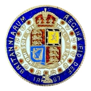 Antique Late 19th Century Victorian Enamelled Silver Florin Coin Brooch, 1887 For Sale