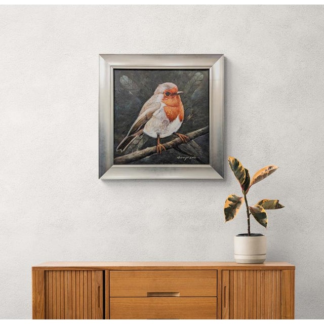 Textile Framed Textured English Finch Bird Art Painting on Canvas. For Sale - Image 7 of 7