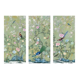 20" *40"/Panel, Vintage Chinoiserie Floral Birds Garden Green Wallpaper Panel Wall Art, Wall Decor - Set of 3 For Sale