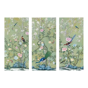 20" *40"/Panel, Vintage Chinoiserie Floral Birds Garden Green Wallpaper Panel Wall Art, Wall Decor - Set of 3