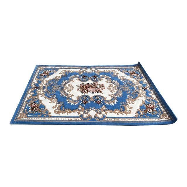 2020s Rectangular Royal Blue Rose Floral Motif Graphic Wool Rug Carpet For Sale
