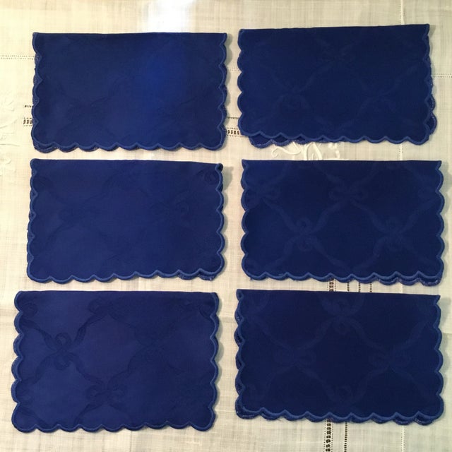 Textile Frette Cocktail Napkins, Blue Damask With Ribbon Pattern and Scalloped Edge Made in Italy Circa 1980’s For Sale - Image 7 of 7