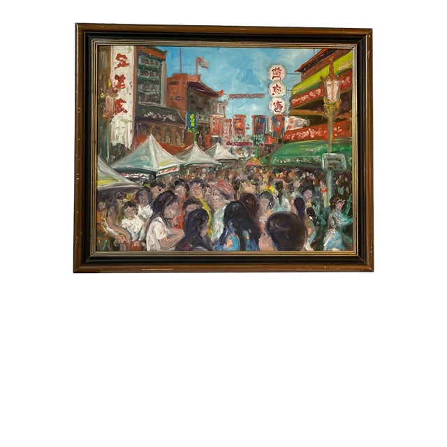 Late 20th Century "SF Chinatown" Original Oil Painting on Canvas Ed Martinez, Framed For Sale