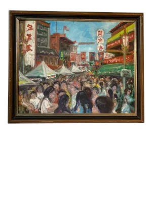 Late 20th Century "SF Chinatown" Original Oil Painting on Canvas Ed Martinez, Framed