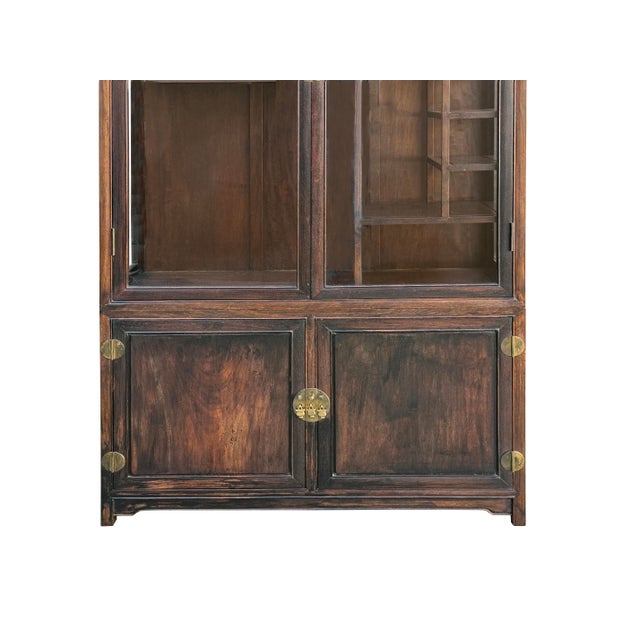 1980s Vintage Dark Brown Oriental Treasure Glass Doors Display Curio Stack Cabinet For Sale - Image 5 of 13