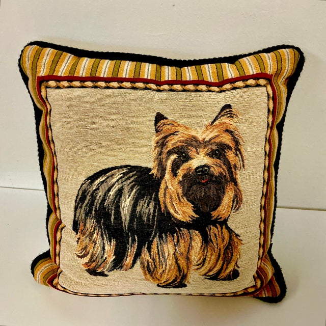 We love this whimsical tapestry pillow with a Yorkshire Terrier Dog on two sides. The dog image is accented with a striped...