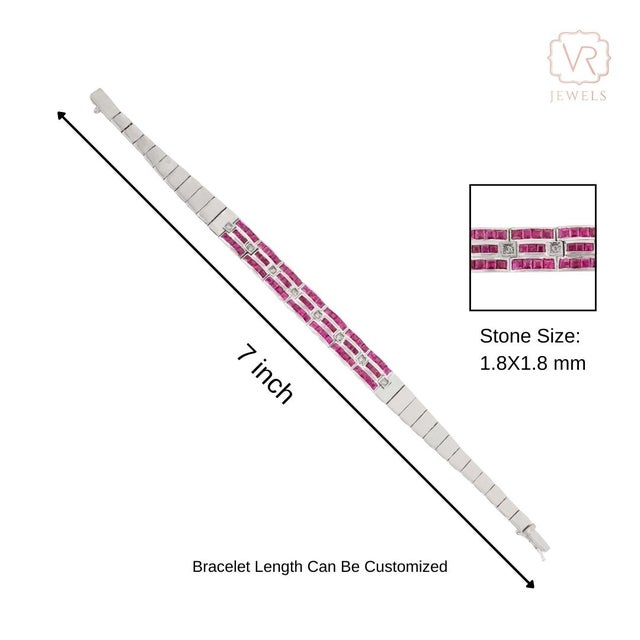 Art Deco Style 4.8Ct Wide Ruby & Diamond Tennis Bracelet in 18k White Gold For Sale - Image 9 of 13