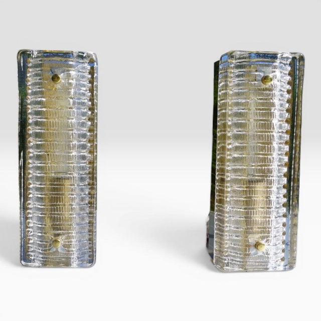 Metal Textured Ice Glass and Brass Wall Sconces, 1970s, Set of 2 For Sale - Image 7 of 7