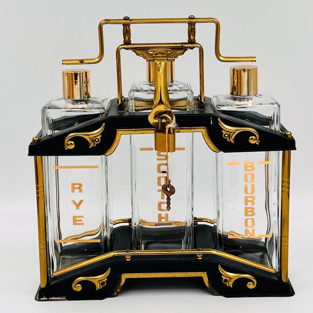 Mid 20th Century Mid-Century Modern Black and Gold Tantalus Decanter Set, Liquor Caddy, Portable Bar For Sale - Image 18 of 18