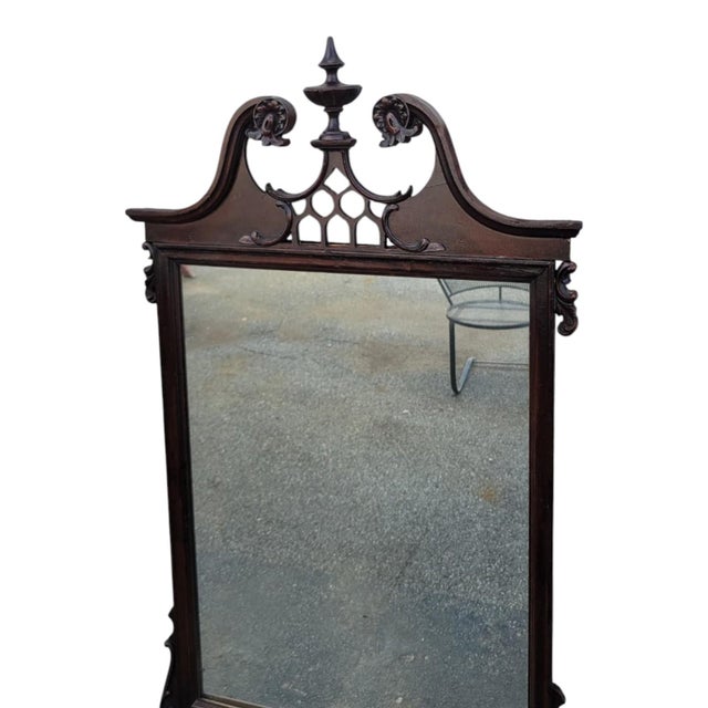 Antique 1920s Chippendale Carved Mahogany Wall Mirror Pediment Crest Mirror For Sale - Image 11 of 16
