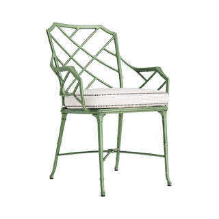 Brown Jordan Calcutta Arm Chair in Bay Leaf with Sea Salt and Anthracite Stripe Welt Cushions For Sale