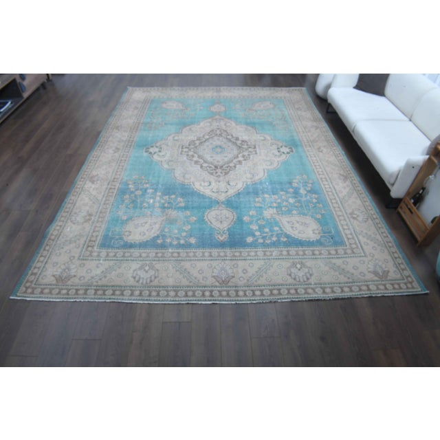 Persian 1960s Vintage Persian Handmade Wool Cotton Turquoise Area Rug For Sale - Image 3 of 11
